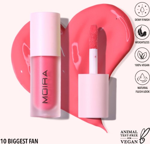 A pink liquid lipstick with a matching applicator, placed on a heart-shaped pink background, with product features listed.