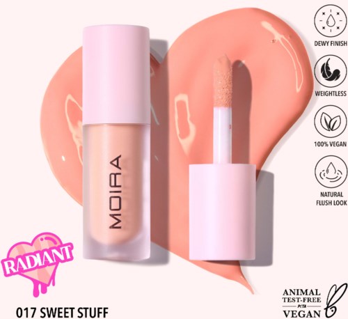 Lip gloss with pink packaging and light pink applicator. Background has a pink heart-shaped splash. Logo and product name visible.