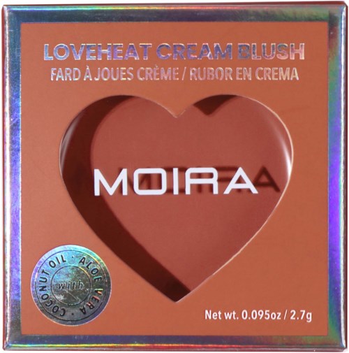 Poskipuna, jossa on sydämen muotoinen ikkuna, nimeltä 'Loveheat Cream Blush' Moiralta, nettopaino 2,7 gramma.