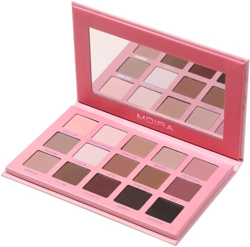A pink eyeshadow palette with 15 different shades, including pink, brown, and black, with a mirror inside the lid.