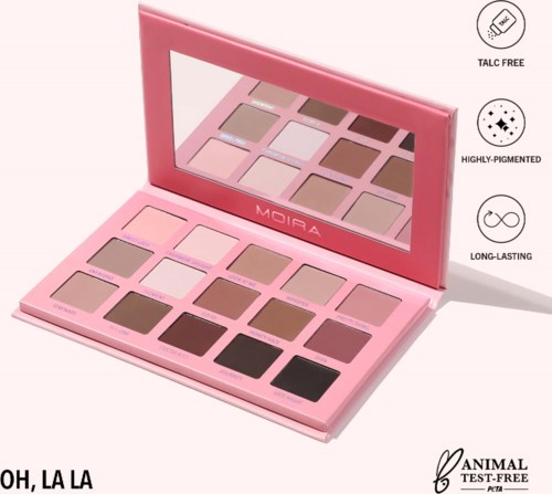 A pink eyeshadow palette with 15 shades and a mirror, labeled 'MOIRA,' includes claims of being talc-free, highly pigmented, and long-lasting.