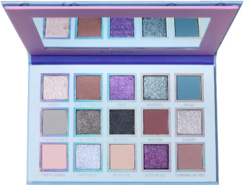 An eyeshadow palette with 15 colorful shades, some shimmery and matte, with labels like 'Good Vibes' and 'Thinking of You.'