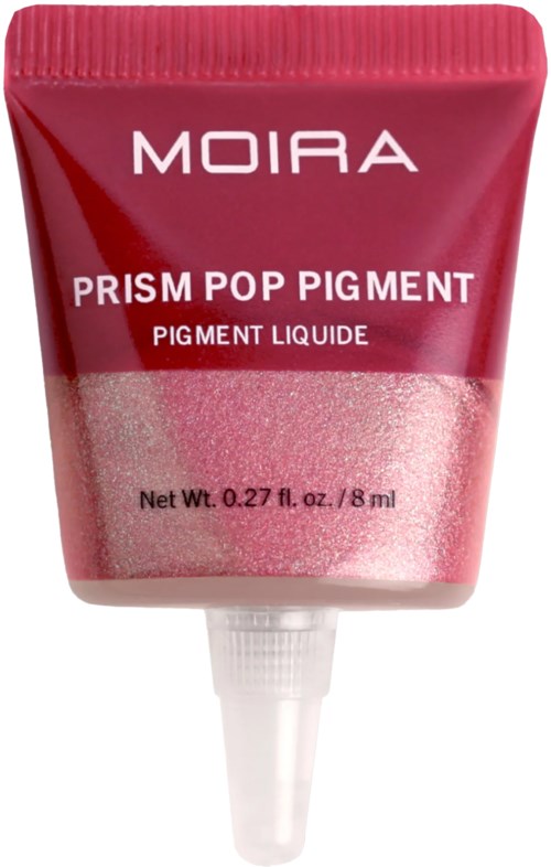 A small tube of pink cosmetic pigment with a white nozzle and red cap, labeled 'Moira Prism Pop Pigment.'