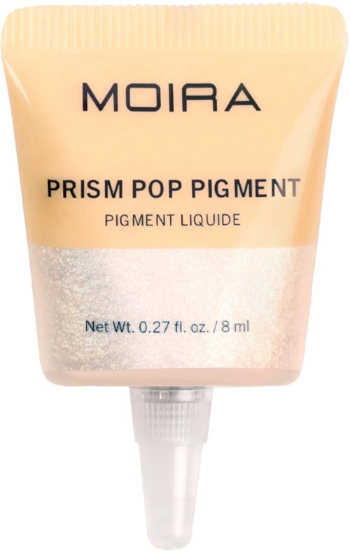 A beige tube labeled 'Moira Prism Pop Pigment' with a small dropper tip, containing liquid pigment. 