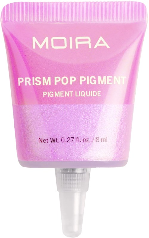 Pink tube labeled Moira Prism Pop Pigment with a clear applicator tip.