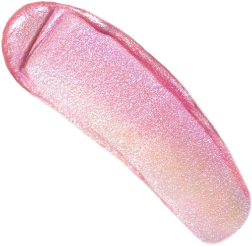 A pink, glittery, oval-shaped bar of soap with a line on one side.