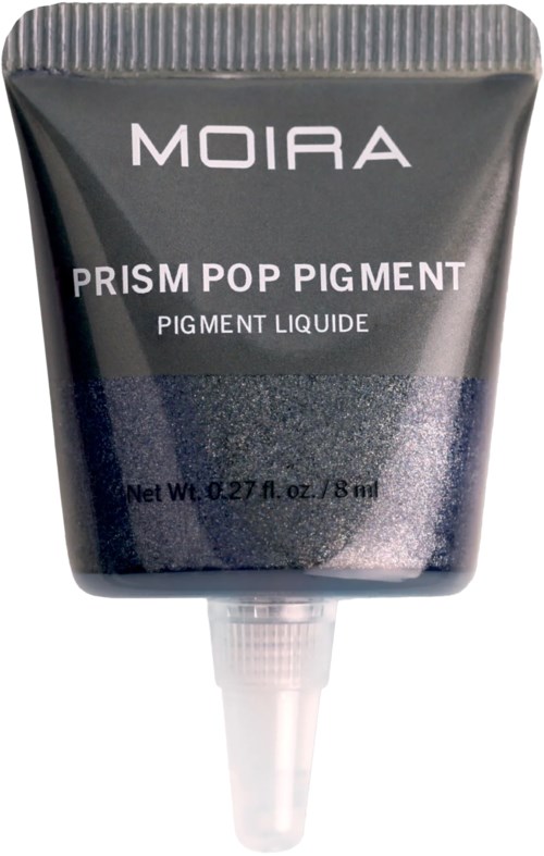A black tube with a silver cap, labeled Moira Prism Pop Pigment, is shown. It is a liquid pigment in a small squeeze tube.