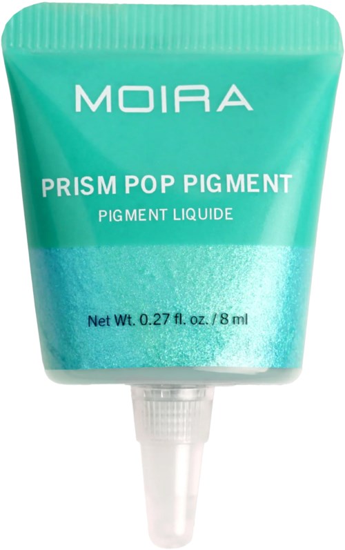 A turquoise tube labeled 'MOIRA Prism Pop Pigment,' containing liquid makeup with a small nozzle for application.