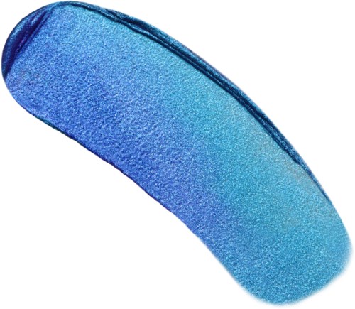 Blue and green gradient gel nail polish on a curved nail. It looks shiny and smooth.