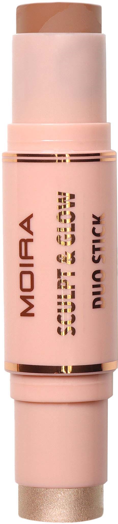 Hiekkainen meikkikynä, jonka etiketti lukee "Moira Soft & Glow Mini Stick."
