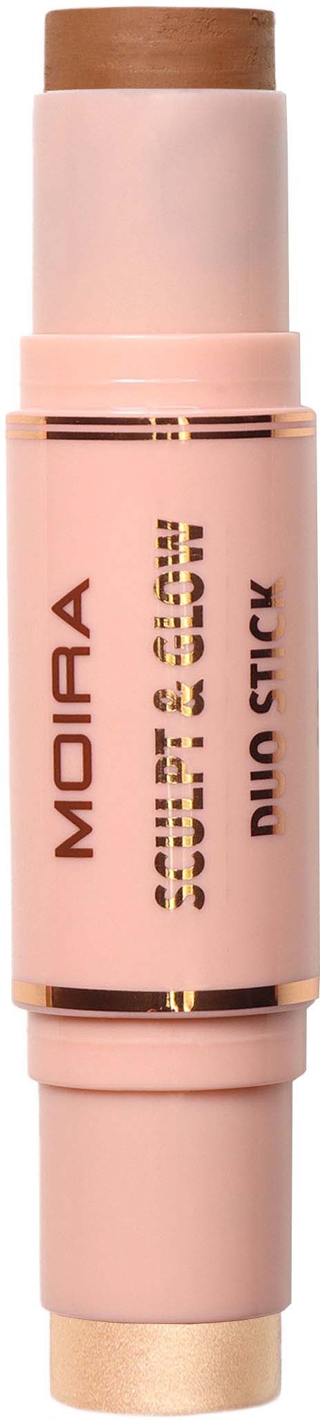 Vaaleanpunainen kääntyvä pötkö, jossa lukee 'Moira' ja 'Super Glow', todennäköisesti kosmetiikkatuote kuten korostusvoide.