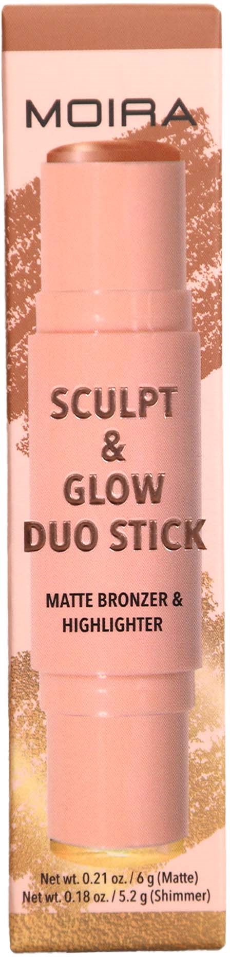Pinkki putki, jossa lukee 'Sculpt & Glow Duo Stick' matteauria ja korostajaa varten. Merkki on Moira.