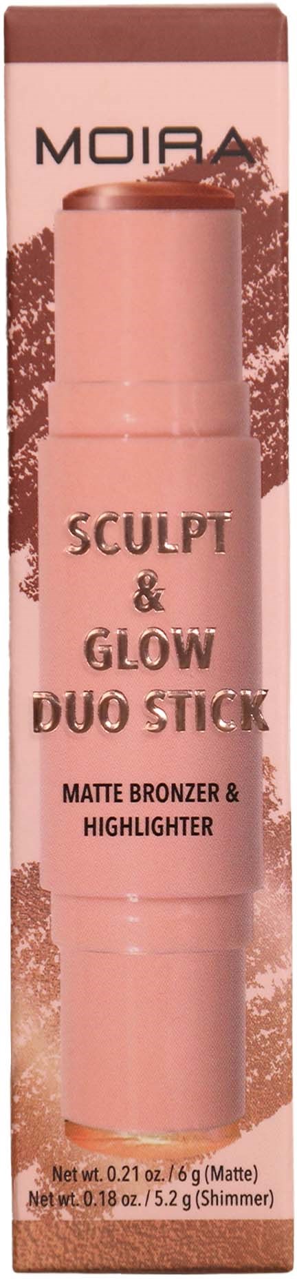 Ranskalainen kosmetiikkaputki, jossa lukee 'Sculpt & Glow Duo Stick' puolikas ja korostus.