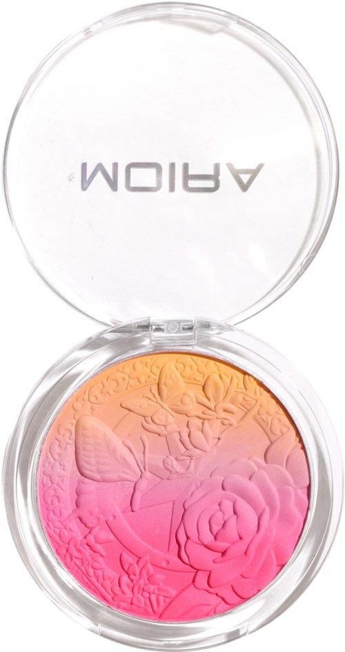 A round makeup compact with pink and orange floral colors inside. The lid is open and shows the brand 'AIROM'.