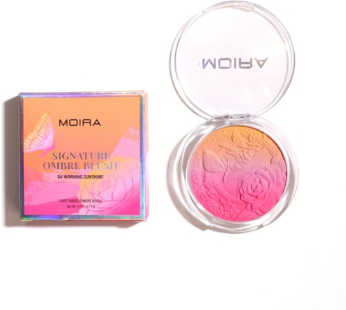 Colorful compact with pink and yellow shades, butterfly, and flower design, from Moira Signature Ombre Blush line.