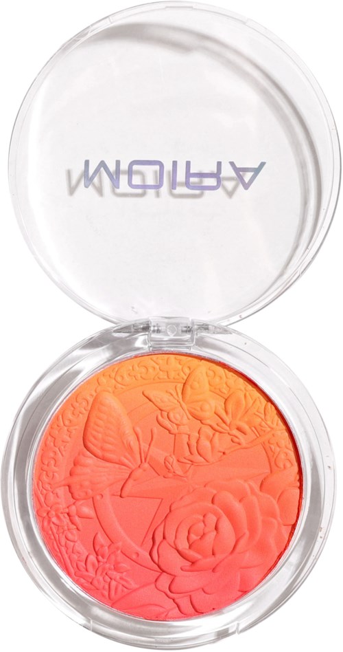 A round container with orange blush, embossed with a rose and floral design, and a clear lid.