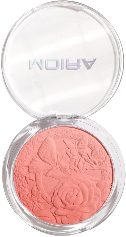 A round blush compact with a butterfly and flower design in pink inside a clear case.
