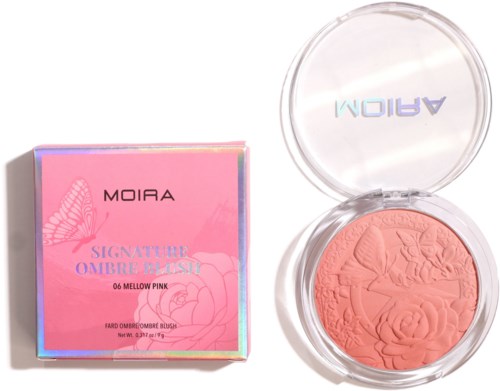 Pink blush in a round compact with a butterfly and floral design, next to a pink and purple packaging box.