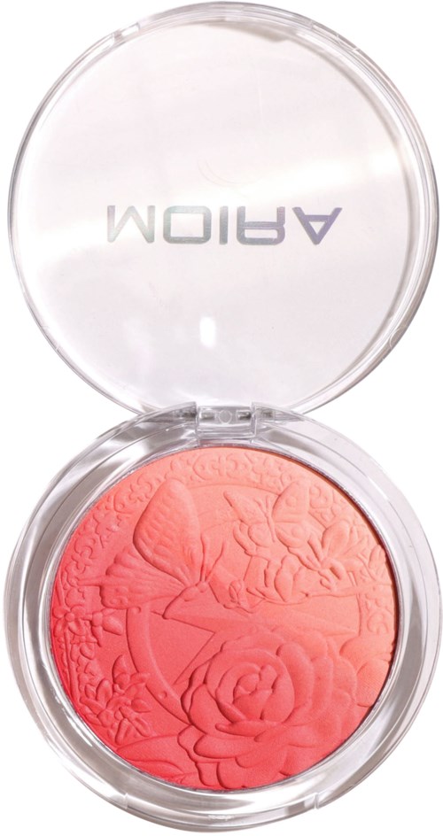 Coral-colored blush with floral and butterfly patterns in a clear round compact. The brand name is on the lid.