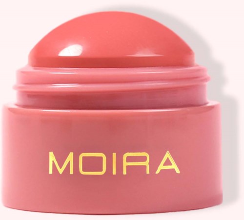 A pink round container with a lid and the word MOIRA in yellow on the front.