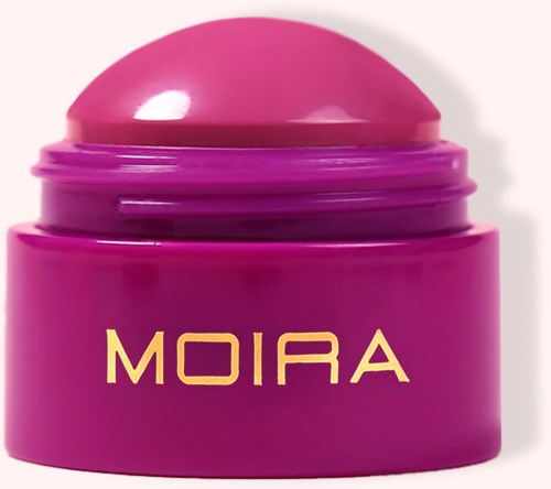 Pink jar with a rounded top and the word 'MOIRA' on it in yellow letters.
