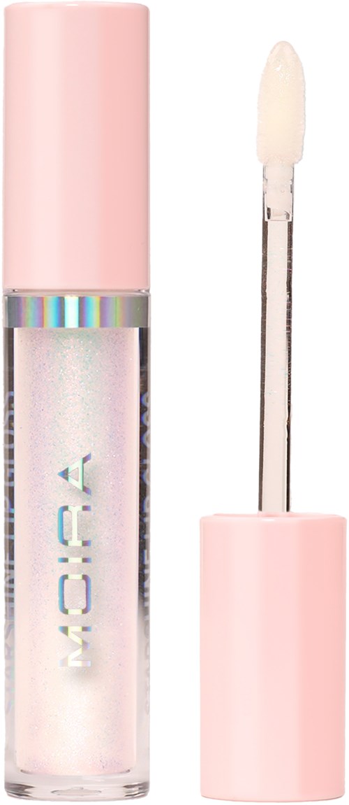 A clear lip gloss with a pink cap and a wand applicator inside.