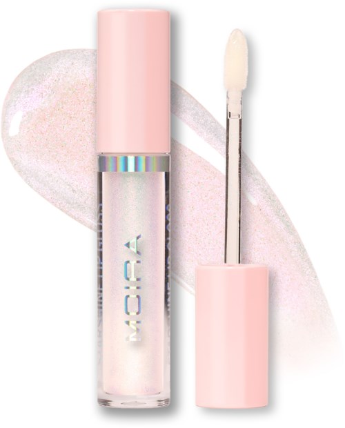 Clear lip gloss in a pink tube with a wand applicator, glossy finish, and holographic accents on the tube.