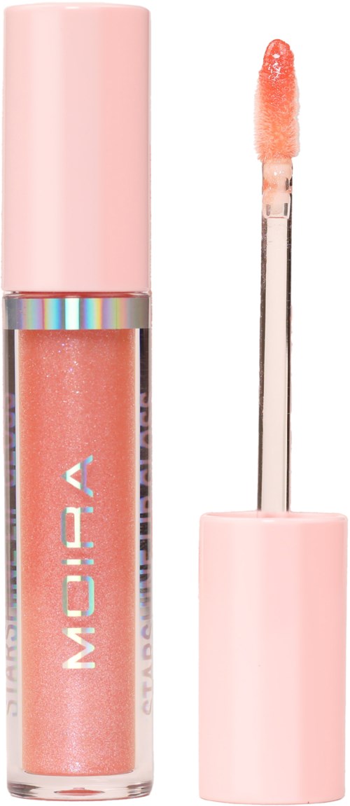 A pink lip gloss with an open applicator showing peach-colored gloss inside.