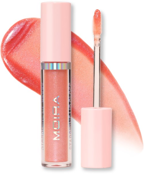 A lip gloss with pink packaging, a wand applicator, and a swatch of peachy lip color on a white background.