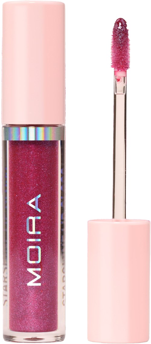 Pink lip gloss with a white cap, wand shows pink gloss product inside.
