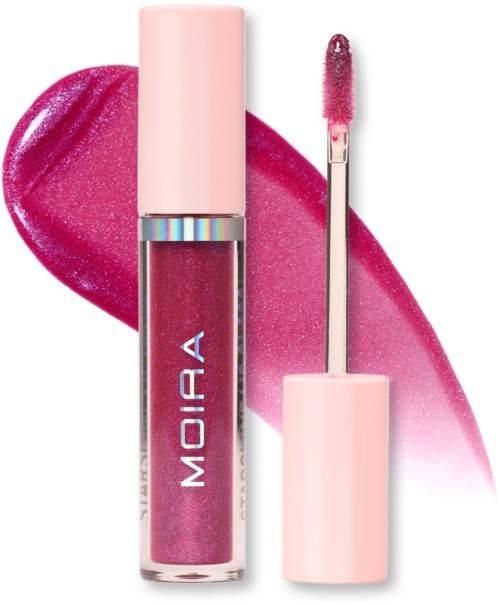 Lip gloss tube with pink color and a swatch behind it. It has a shiny, glittery finish and a doe-foot applicator.