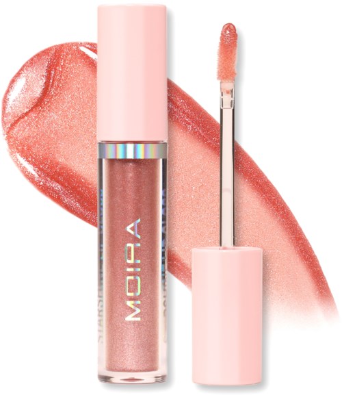 Glossy, pink lip gloss with applicator, placed in front of smudged lip print in similar color.