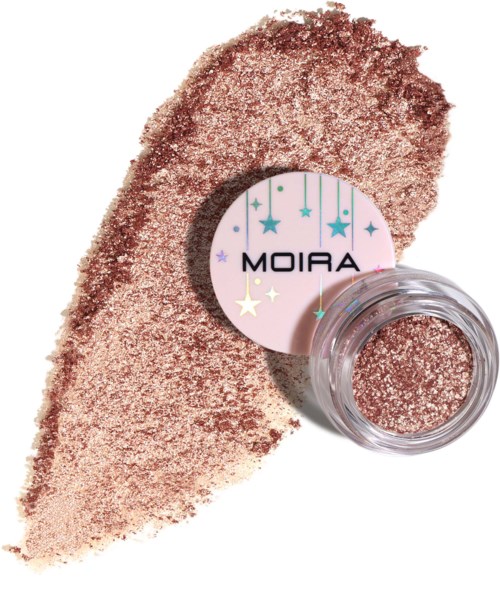 Pinkish glitter pigment with a round container and a label reading "Moira".
