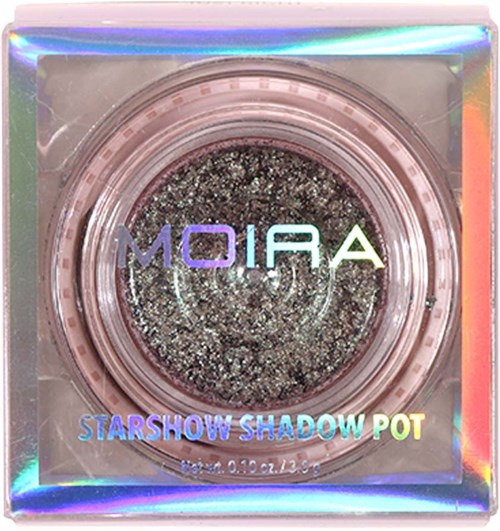 A round container with shiny black and silver glitter. The words 'A' and 'Starshow Shadow Pot' are on the box.