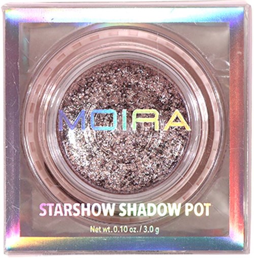 A glittery makeup shadow in a round container, labeled 'MOIRA' and 'STARSHOW SHADOW POT'.