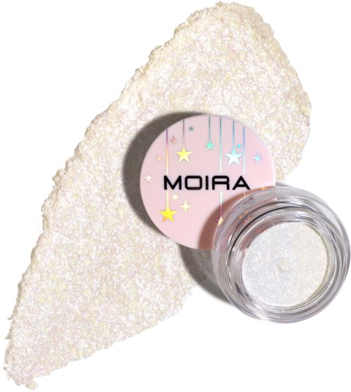 A round container with glitter, a pink label with stars, and the words 'MOIRA'.