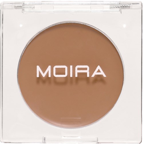 A round brown compact with the word MOIRA on the top in white letters.