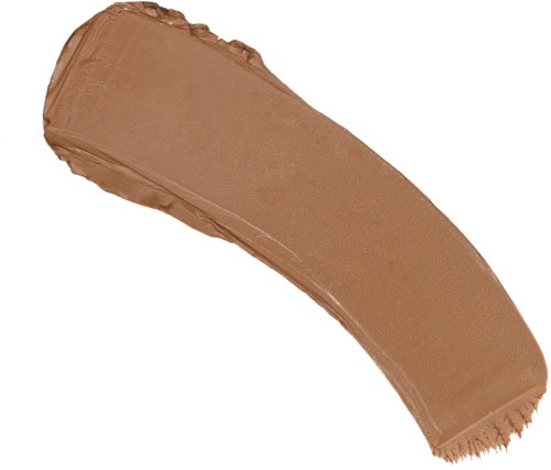A thick, curved swatch of brown makeup or paint on a white background.