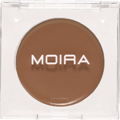 Ein braunes Kosmetikprodukt in einem klaren Behälter mit dem Namen 'MOIRA'.