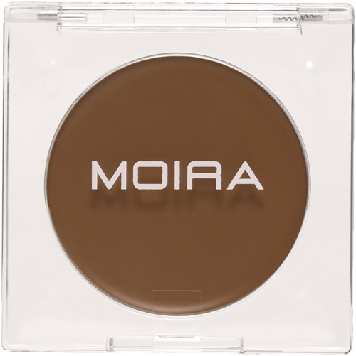 A brown compact with the brand name MOIRA on it, inside a clear plastic case.