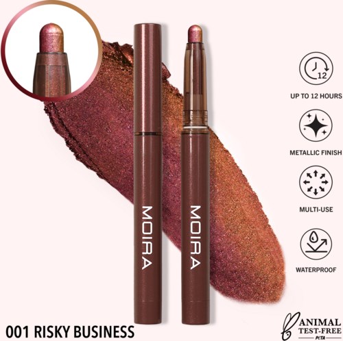 Two brown lip crayons with metallic finish. Long-lasting, waterproof, multi-use. Contains the shade 'Risky Business'.