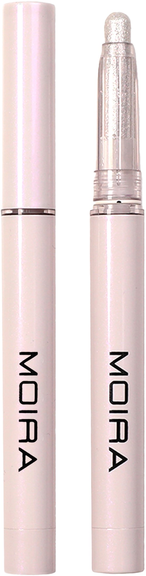 Two white cosmetic pens, one with a cap and one with an open tip, labeled "MOIRA."