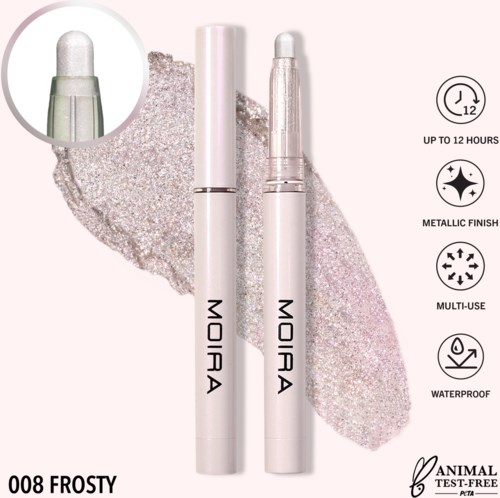 Two white correction pens with silver accents, labeled "MOIRA" and "008 FROSTY," against glittery background. Waterproof, long-lasting, multi-use.