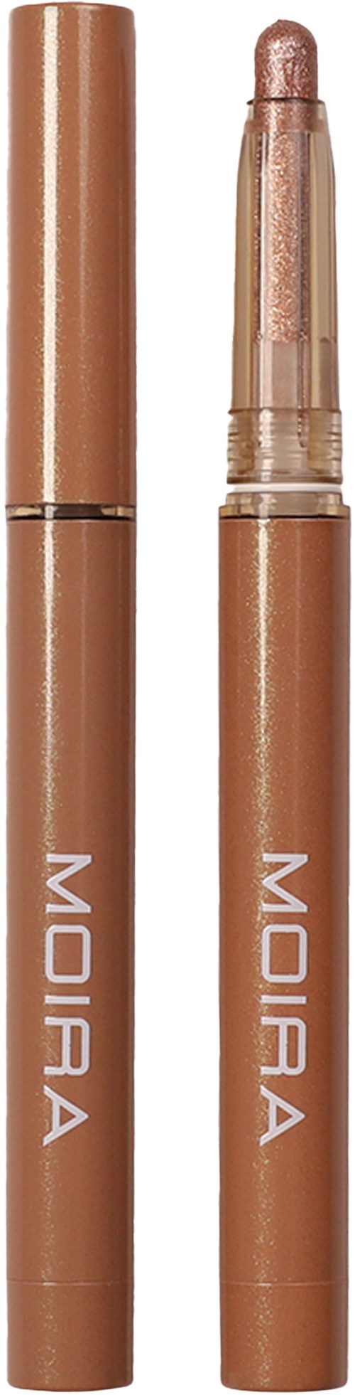 A beige lip gloss stick with the brand name 'MOIRA' on it, shown with the cap removed and product visible.