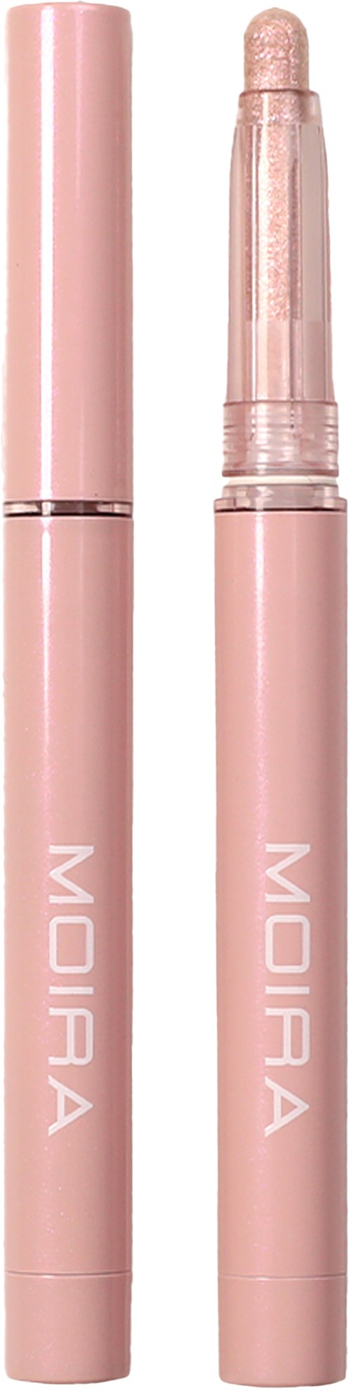 Pink dual-ended makeup applicator, one side with a sponge, and the other side with a stick, labeled 'MOIRA'.