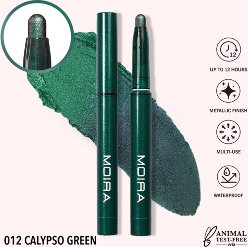 Green eye pencil with metallic finish, waterproof, lasts up to 12 hours, multi-use, animal test-free.