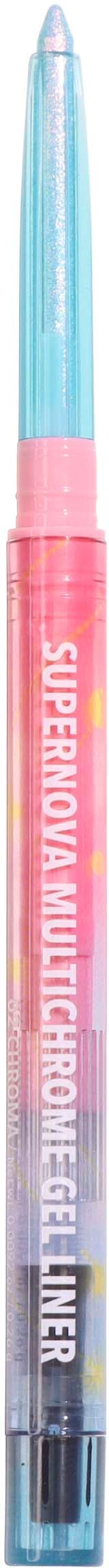 A transparent gel pen with pink, blue, and black ink visible, labeled "Supernova Multicrome Gel".