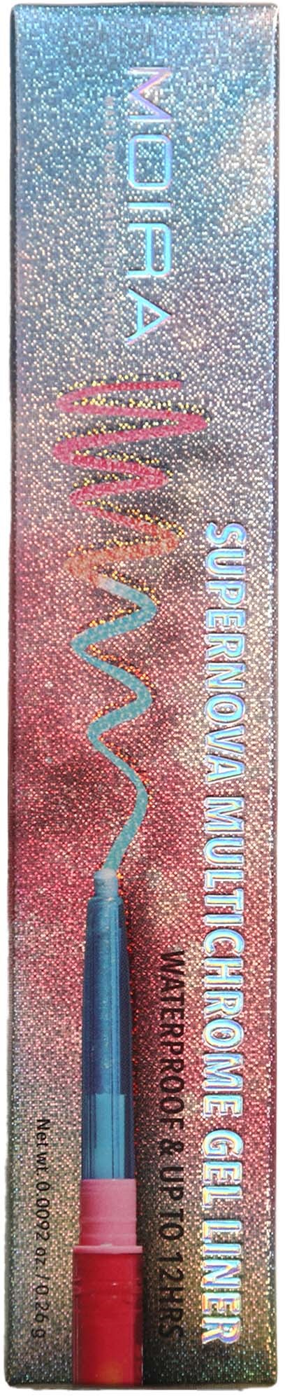 A colorful, shiny box for makeup eyelash glue with a brush inside, displaying glittery blue background and colorful text.