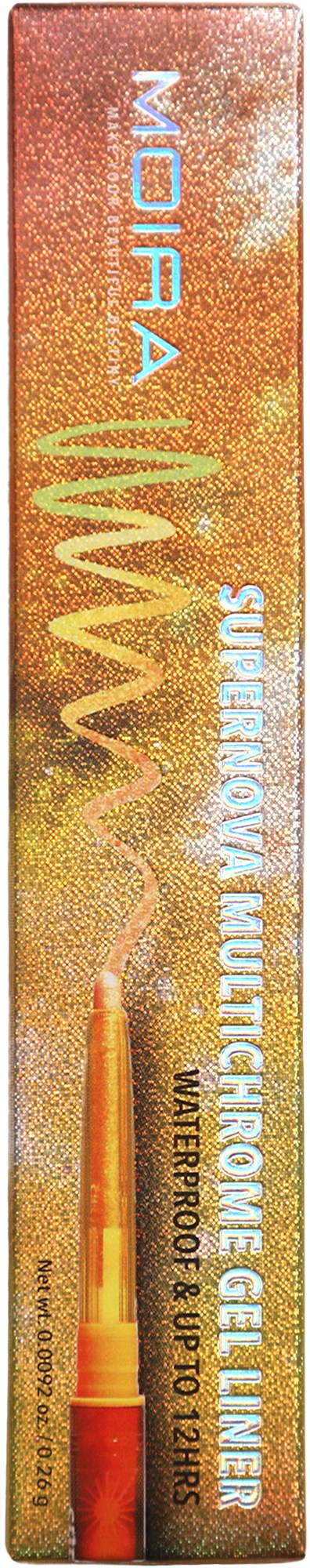 Long rectangular box with orange and yellow colors, text about a product, some swirl designs and a pen illustration.