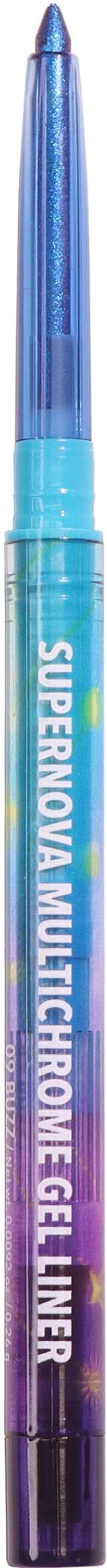 A blue ink gel pen with a transparent cap and a label that says "Supernova Multicrome Gel Liner."